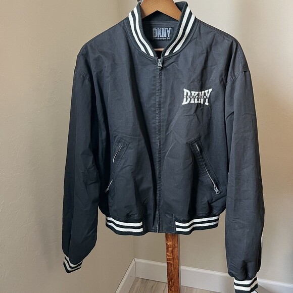 Vintage DKNY Varsity Jacket Full Zip Black Logo Spellout Donna Karen USA Large